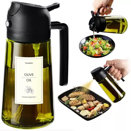 TrendPlain Pulverizador Aceite Spray 470ml - 2 en 1 Spray Aceite Cocina, Dispensadora para Freidora de Aire, Ensaladas, Vinagre y Accesorios Cocina (1 unidad, Negro-1)