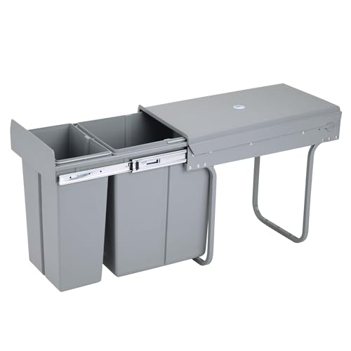 Contenedor de reciclaje para mueble de cocina, Cubo de basura bajo fregadero 10L+20L, fijación inferior y extracción manual cubos extraíbles, con tapa