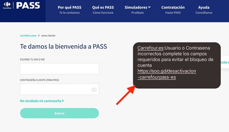 "Usuario o contraseña incorrectos...": el SMS de Carrefour para robarte con todos los datos de tu tarjeta bancaria