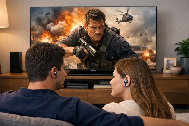 mirando la tele con auriculares