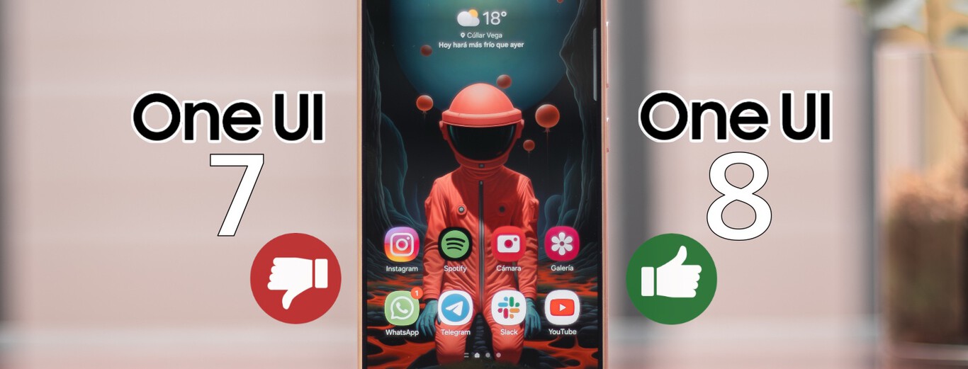 The image shows a smartphone screen displaying a futuristic astronaut-themed wallpaper with app icons arranged in a grid. To the left of the phone, the text "One UI 7" appears above a red thumbs-down icon, indicating disapproval. On the right side, the text "One UI 8" is shown above a green thumbs-up icon, suggesting approval or preference for this version. The background is softly blurred with neutral tones, keeping focus on the phone and the comparison text.