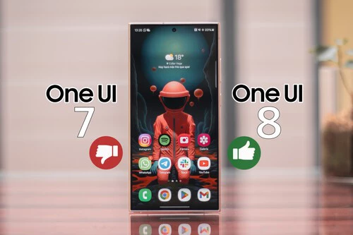 The image shows a smartphone standing upright on a reflective surface with a dark-themed wallpaper featuring a mysterious character in a red outfit and helmet. On either side of the phone, text labels read "One UI 7" with a red thumbs-down icon on the left and "One UI 8" with a green thumbs-up icon on the right, suggesting a comparison or preference between these two versions of the user interface. The phone screen displays app icons including Instagram, Spotify, Telegram, YouTube, and others, as well as weather information at the top.