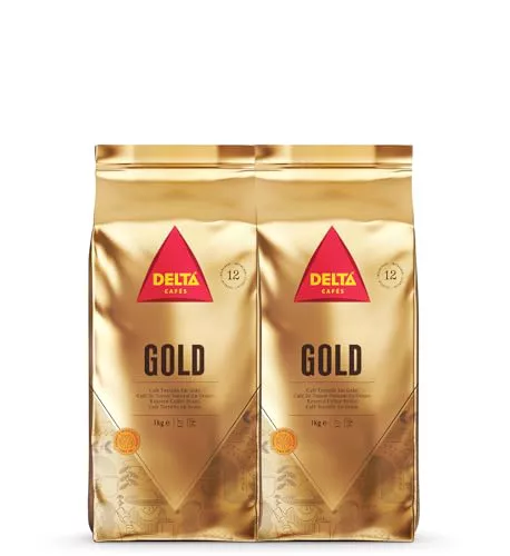 Delta Cafés - Café en Grano Gold - 2 Paquetes de 1 Kg - Intensidad 12 - Mezcla de Granos de Café Tostados Arábica y Robusta - Muy Aromático con Notas de Miel y Fruta Madura