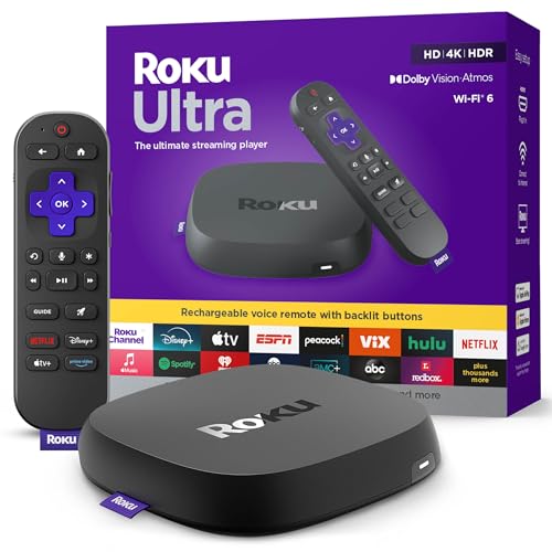 Roku Ultra 4K para TV con HDR10+, Dolby Vision y Atmos - Bluetooth y Wi-Fi 6 - Control remoto de voz recargable Pro