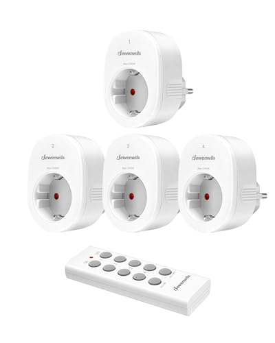 DEWENWILS Enchufes radiocontrolados con mando a distancia, 2300W enchufe con 1 mando a distancia, alcance 30M juego de 4 enchufes radiocontrolados, programables y ampliables, blanco
