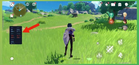 Samsung Galaxy S23 Ultra での原神ゲーム中の画面上のモバイル パフォーマンス情報。