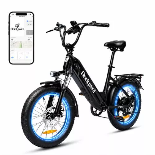 Bodywel F20 Bicicletas Eléctricas Adultos, 20x3” e-Bike Todo Terreno, Batería 48V 15Ah, Motor 250W, 7 Velocidades, Suspensión Ajustable, Frenos de Disco Doble（Negro）