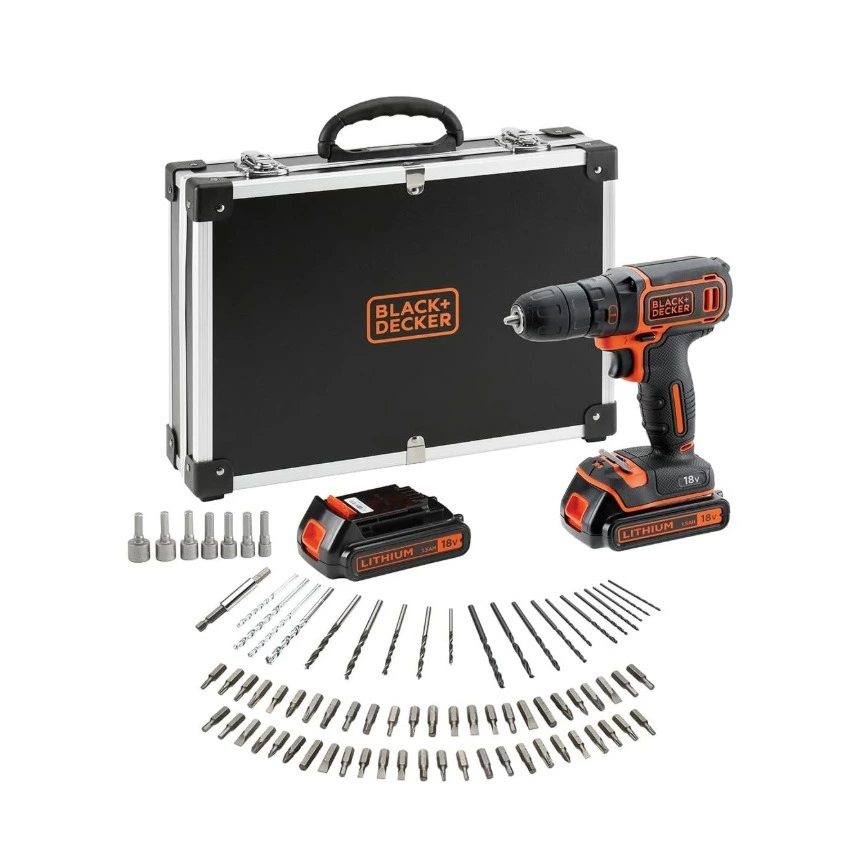 BLACK+DECKER Kit de taladro atornillador Inalámbrica de 18V con 2 baterías de 1,5Ah