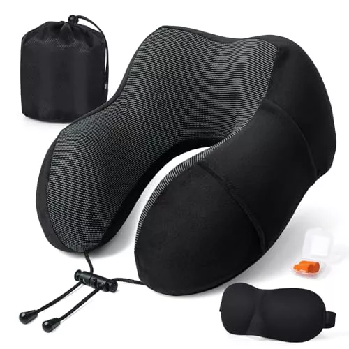 SOMLAW Almohada de Viaje para Cuello, Cojin Cuello Viaje de Espuma Viscoelástica Ideal para Avión, Tren y Coche, Cojin Cervical Viaje, Almohada Cervical Viaje con Antifaz, Tapones y Bolsa