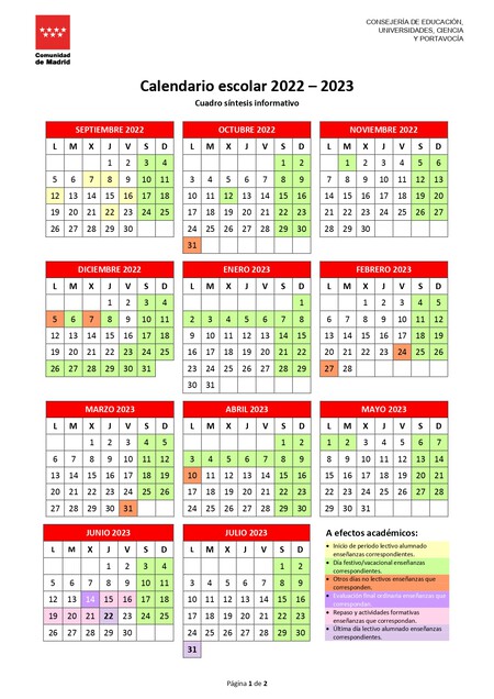 Calendario escolar Madrid 2022-2023