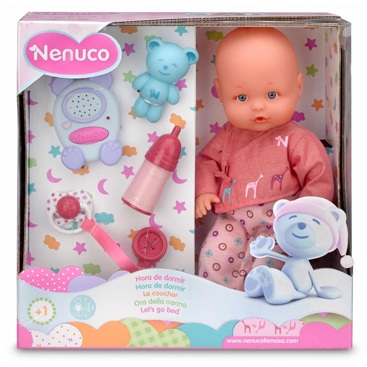 Nenuco - Mi Primer Nenuco Hora de Dormir, un muñeco bebé Nenuco de 35 cm que lleva puesto su pijama.

Incluye:

1 muñeco bebé;
1 chupete;
1 biberón;
1 osito;
1 intercomunicador.
Mi Primer Nenuco con accesorios, perfecto para irse a dormir.

Edad recomendada: +1 año.

Los colores y contenidos pueden diferir ligeramente de los de las imágenes.