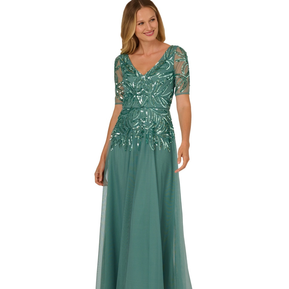 Adrianna Papell - Vestido largo de tul con lentejuelas y escote en uve.