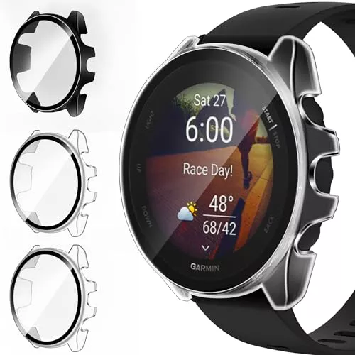 ivoler 3 Piezas Funda para Garmin Forerunner 165/165 Music, Protección Completa Protector de Pantalla de Cristal Vidrio Templado Duro PC Anti-arañazos Carcasa, 2 Transparente + 1 Negro