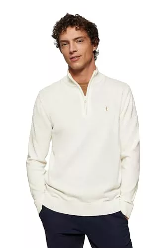 Polo Club Jersey Beige con Cierre de Media Cremallera y Cuello Alto - Jersei con Logo Bordado para Hombre - Suéter Manga Larga 100% algodón