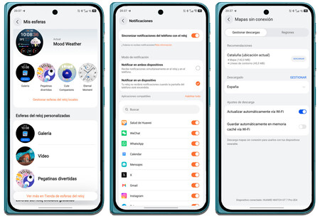 Esferas preinstaladas (izquierda), configuracion de notificaciones (centro) y descarga gratuita del mapa sin conexión en el reloj (derecha)