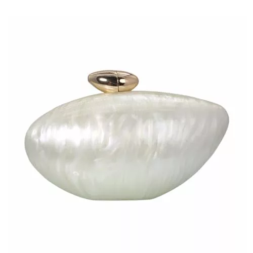 WuDiaoer Bolso de mano acrílico con forma de concha, moderno y metálico, bolso de noche con huevos brillantes para mujer, boda, fiesta, Blanco perla, 8.3x3.9x2.6 inches