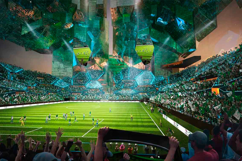 NEOM nos tenía preparada una sorpresa final para el Mundial de 2034. Un estadio de fútbol ciberpunk en la azotea de The Line 