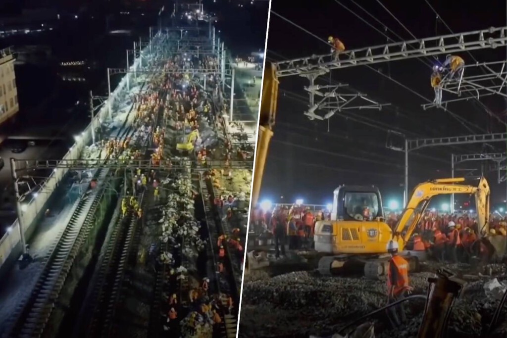 China necesitaba una estación de tren urgentemente, así que la montó en nueve horas con 1.500 obreros y 23 excavadoras 