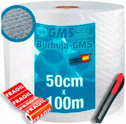 GMS - Rollo Papel Burbuja Extra Fuerte + Cutter + 10 Etiquetas Frágil 50 x 100 cm