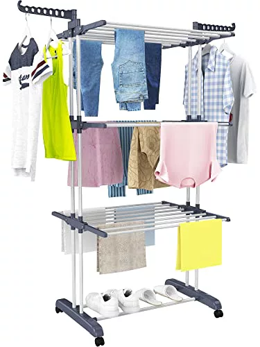 HOMIDEC Tendedero, 4 Niveles Tendederos Plegables Vertical con Ruedas, Gris