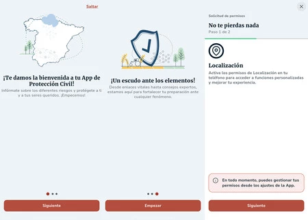 Permisos e inicio de la app de Protección Civil en Android