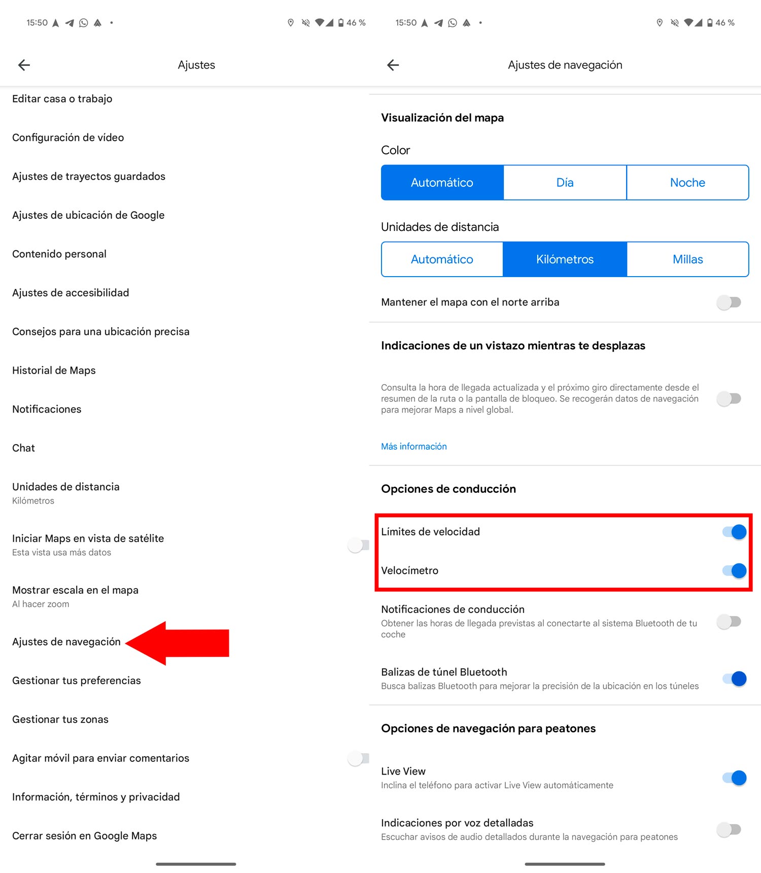 Ajustes Android Auto Velocidad