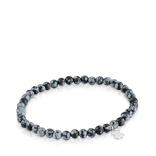 TOUS Pulsera Elástica Gris con Motivo de Oso en Plata de Primera Ley para Mujer, 16.5cm de Largo, Colección Basics