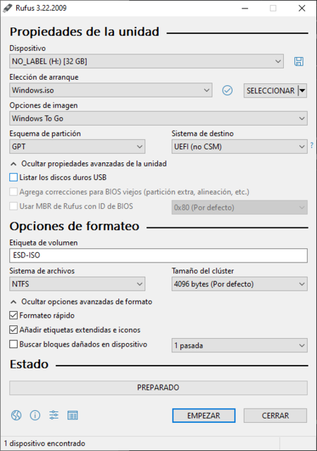 No olvides usar Esquema de partición MBR.