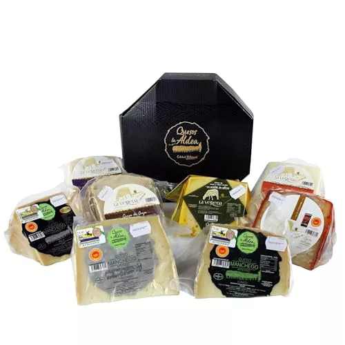 QUESOS LA ALDEA | Caja Regalo Gourmet 8 Cuñas de Queso de Oveja y Queso Manchego D.O.P | Curado, Semicurado, Añejo, Romero, Pimentón, Manteca, Cabra, Aceite de Oliva | Gourmet, caja para Regalar