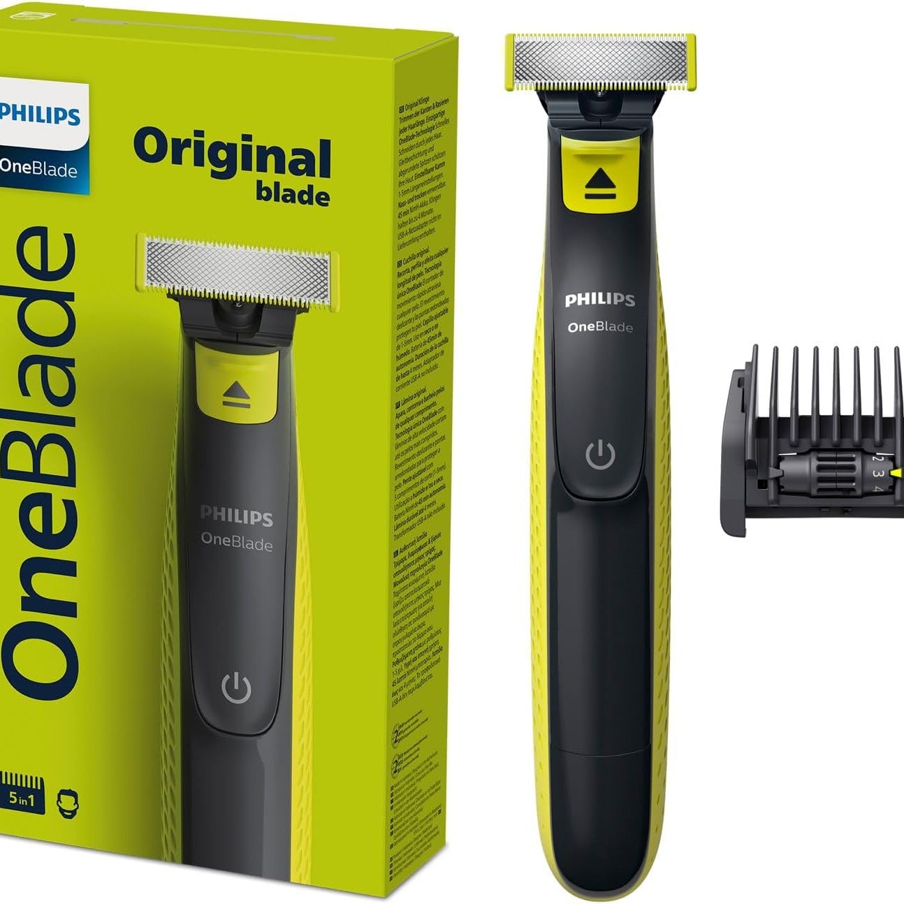 Philips OneBlade incluye nuevo peine ajustable 5 en 1, Recortadora, Perfiladora y Afeitadora eléctrica para hombre
