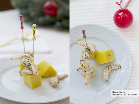 Brochetas de langostinos picantes y mango. Receta Navidad