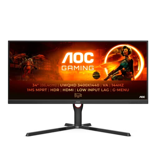 AOC U34G3XM/EU - Monitor Gaming WQHD de 34" , 144 Hz, 1ms MPRT, FreeSync Premium, HDR10 (3440x1440, HDMI, DisplayPort) negro