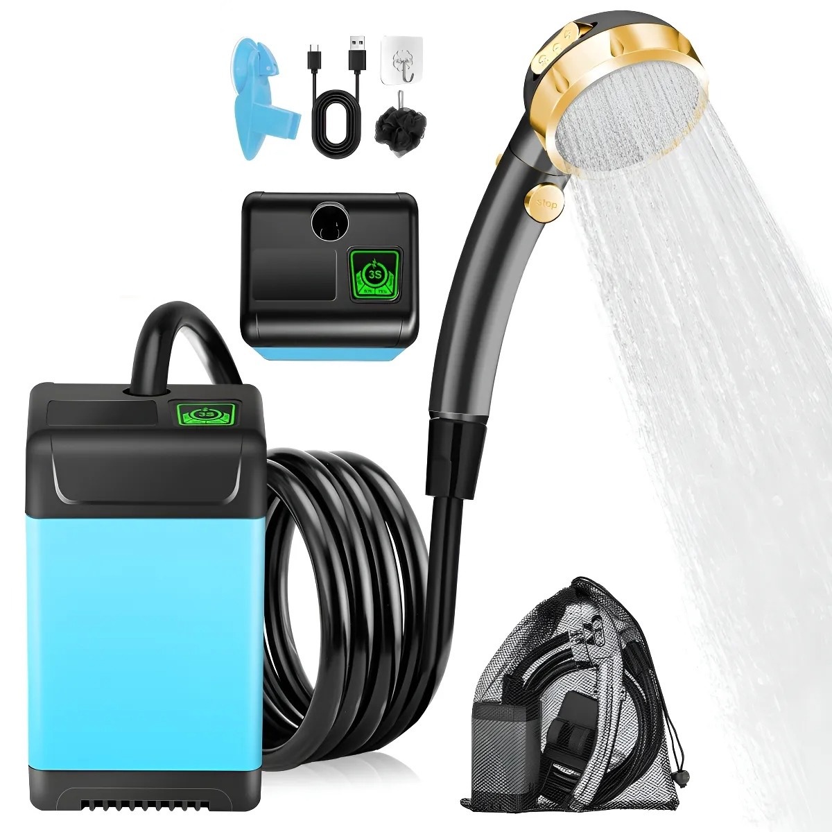 Regadera portátil recargable con accesorios - Azul