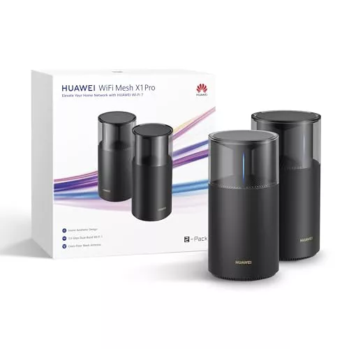 HUAWEI WiFi Mesh X1 Pro (2 Pack) Router, Wi-Fi 7 de Doble Banda a 3,6 Gbps, Antena de Malla Entre Pisos, Puertos 4x 2,5 GE, Diseño Estético para el Hogar, Control Parental, 42 Meses de Garantía, Negro