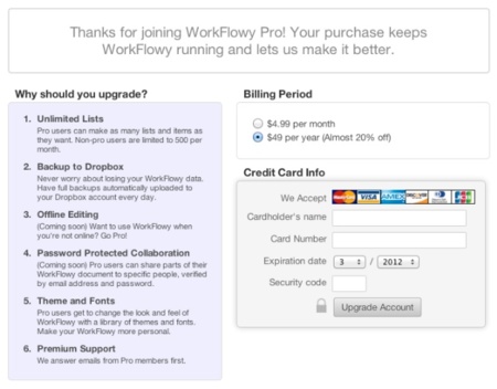 Workflowy da los primeros pasos con sus cuentas de pago