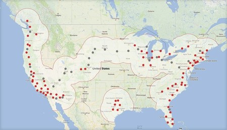 Mapa de la Red de Supercargadores de Tesla (Invierno 2013)