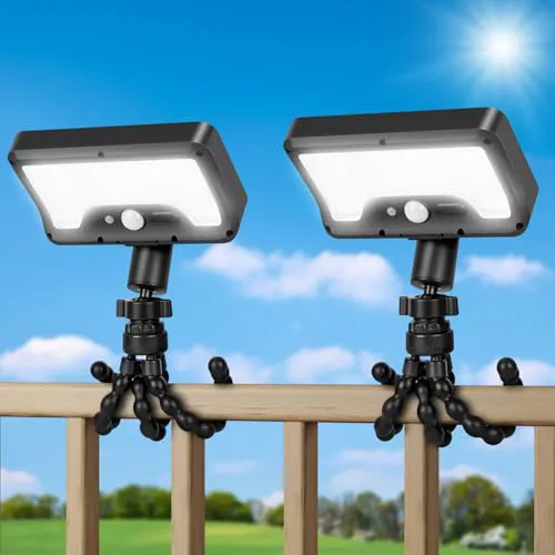 LEKIA Luz Solar LED Exterior, 1000LM Luces Solares Sensor de Movimiento con Trípode de Pulpo Flexible, Foco Solar con Pinza Impermeables Lampara Exterior para Camping, Valla, Terraza - 2 Paquete