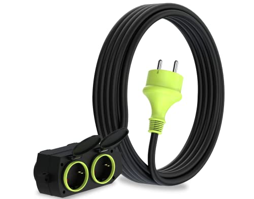 MutecPower 5m Cable alargador de Corriente con 4 enchufes Schuko para Uso Exterior IP44 H05RR-F3G 1,5mm² alargo con 4 Tomas Protección Infantil Cable de Goma para Exterior 5 Metros Negro/Verde
