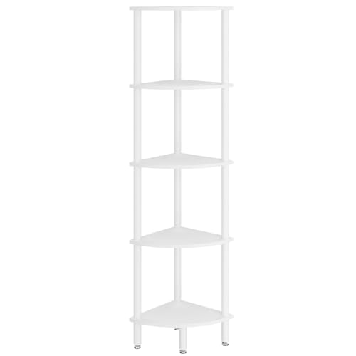 IBUYKE 5 Tier Corner Shelf Stand,Industrial Corner Display Rack,Corner Bookshelf for Living Room, Bedroom, Kitchen, Home Office, White WBC010W