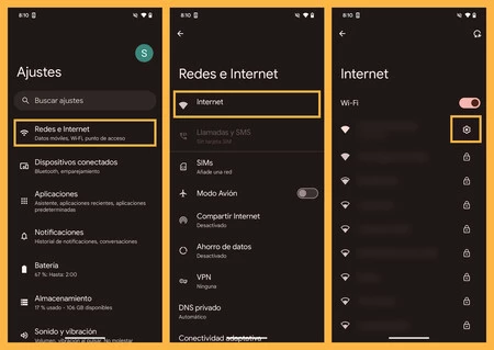 Capturas de pantalla mostrando los pasos a seguir para cambiar los DNS en Android