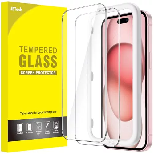 JETech Protector de Pantalla para iPhone 15 6,1 Pulgadas, Sin Burbujas, Cristal Vidrio Templado, con Marco de Instalación Fácil, Amigable para Funda, HD Transparente, 2 Unidades