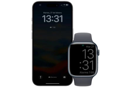 スリープモードが有効になっている状態での iPhone と Apple Watch の表示。これにより、画面の光とデバイスへのアクセスが制限されます。