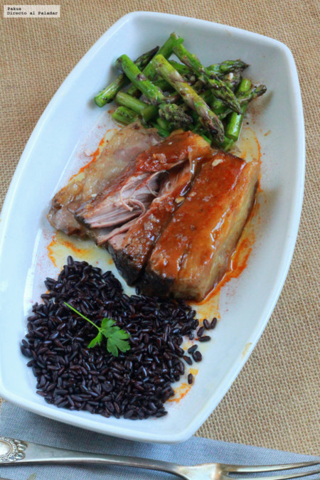 Falda de ternera cocinada a baja temperatura con lacado oriental. Receta
