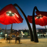 Las farolas en forma de amapolas gigantes de una plaza en Jerusalén