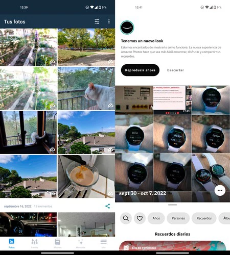 左、古い Amazon Photos インターフェイス。右、アップデート後の外観