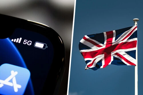 Composición con foto del indicador 5G de un iPhone y la bandera de Reino Unido