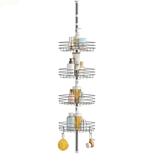 KAIMEIYU Telescópica Estanteria Baño Sin Taladro Estantería Ducha Esquina Metal Estante Ducha con 4 Cestas para Bañera Altura Ajustable 85-325CM Gris
