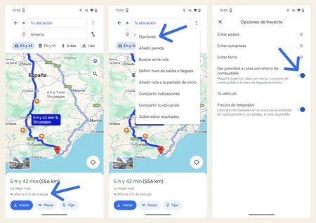 Google が推奨するルートでのエネルギー節約と、燃料節約ルートの優先オプションが有効になっていることを確認する手順を示すスクリーンショット