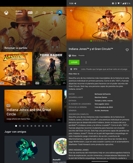 Izquierda, Indiana Jones en Xbox Game Pass; derecha, en Nvidia GeForce Now