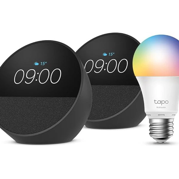 Pack de dos altavoces Echo Spot + bombilla inteligente Tapo L530E